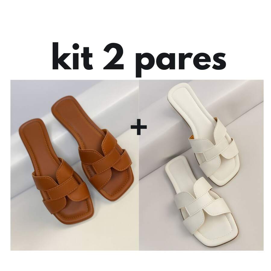 Two-Pair Set Of Stylish, Modern Women's Flat Sandals. - karamel/putih - View 1
