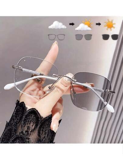 1 pieza Nuevas gafas de moda sin marco de alta definición, con lentes que cambian de color cuando se exponen a la luz, diseñadas especialmente para mujeres.