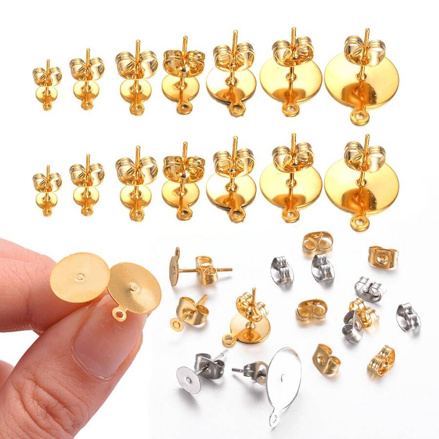 KMEOSCH 160pcs Stainless Steel Flat Earring Studs, Low Allergy Earring Posts With Butterfly Clutches And Rubber Backs, Suitable For Jewelry DIY Crafting - Round Flat Stud Earrings - View 1