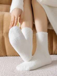 5 Pairs/3 Pairs Solid Color Faux Fur Warm Socks, Soft & Stretchy, Suitable For Daily Casual And Outdoor Activities, Great Gift For Autumn/Winter And Early Spring - White - View 4