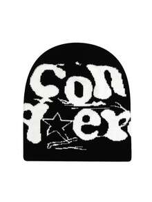 Korean Style Women's Knit Hat, Jacquard Letter Pattern, Fashionable Skull Cap, Street Style Beanie - Black - View 11