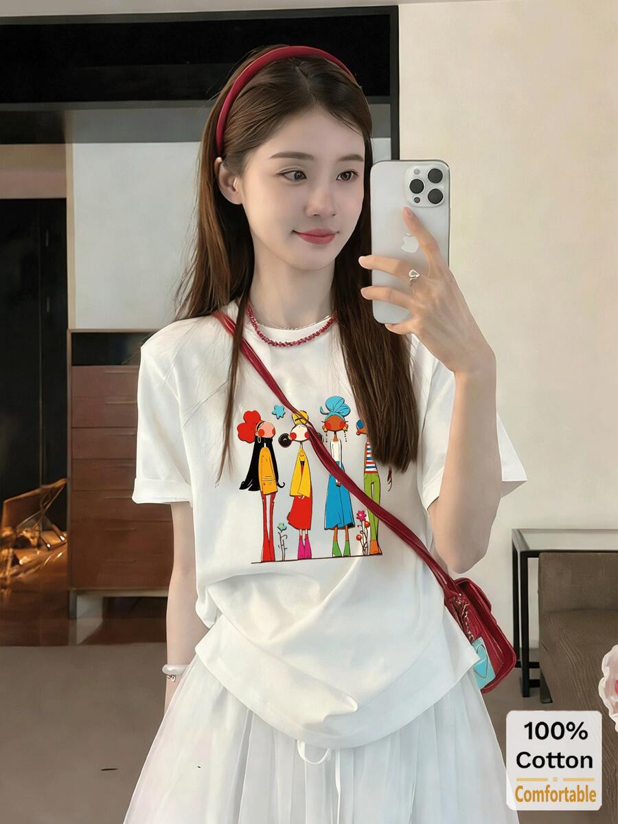 夏季白色趣味印花中長版短袖T恤，女款休閒寬鬆大尺寸上衣，時尚款 - 白色 - 查看 1