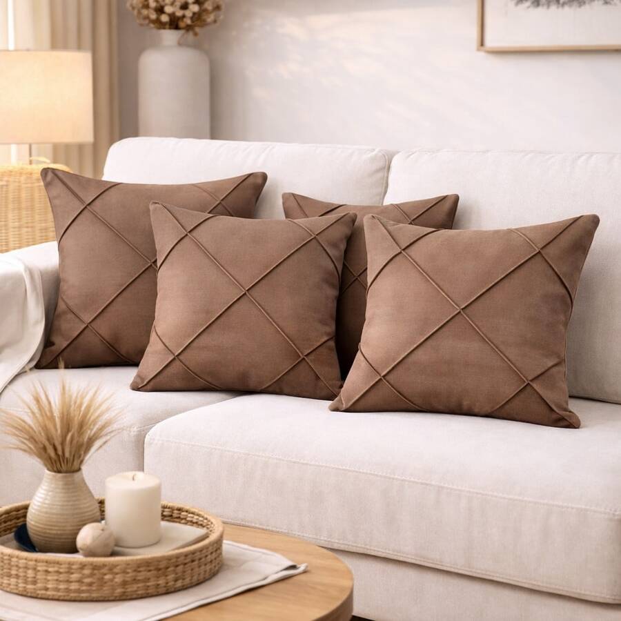 Kit Of 4 Draped Suede Cushion Covers 45x45 With Invisible Zipper - 4 Hazelnut. - View 1