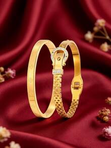 2 Peças Conjunto de Pulseiras Multifuncionais de Aço Inoxidável, Incluindo: Pulseira com Fivela de Cinto, Pulseira com Numerais Romanos, Pulseira de Duas Cabeças e Pulseira Entalhada. Acabamento Banhado a Ouro Realça sua Qualidade Premium. Um Presente Perfeito para o Dia dos Namorados. - dourado 1 - Visão 1