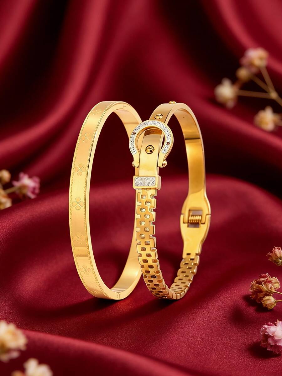 2 Peças Conjunto de Pulseiras Multifuncionais de Aço Inoxidável, Incluindo: Pulseira com Fivela de Cinto, Pulseira com Numerais Romanos, Pulseira de Duas Cabeças e Pulseira Entalhada. Acabamento Banhado a Ouro Realça sua Qualidade Premium. Um Presente Perfeito para o Dia dos Namorados. - dourado 1 - Visão 1