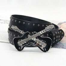 1pc Women's Punk Guitar Metal Decor Geometric Pattern Street Style PU Leather Rivet Belt, Accessory, Party - 黑色 2 - 查看 6