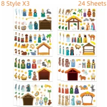 8/16/24/32 张装饰贴纸，耶稣诞生场景宗教工艺品，制作耶稣诞生场景贴纸工艺套装，儿童DIY圣诞工艺品套装，适用于主日学课堂、圣诞派对礼物、游戏用品 - 彩色 - 查看 7