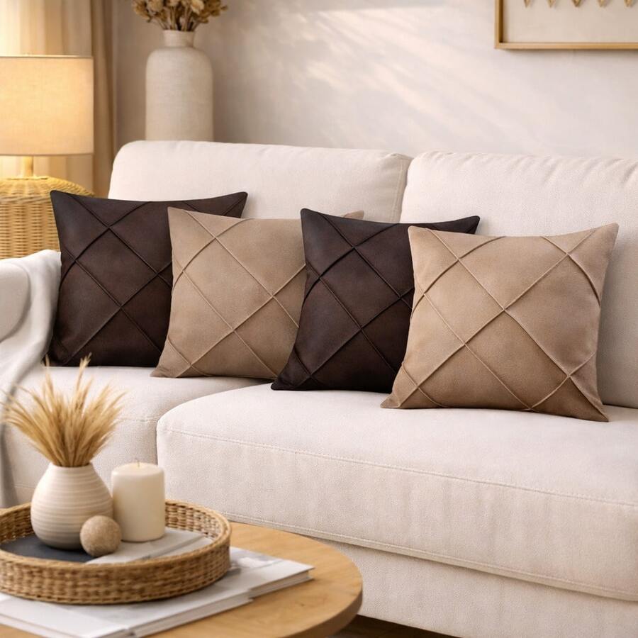 Kit Of 4 Draped Suede Cushion Covers 45x45 With Invisible Zipper - 2 Hazelnut + 2 Brown - View 1