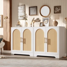 Aparador de ratán con 4 puertas, mesa consola moderna, mueble bar con acentos para sala de estar, cocina, pasillo, comedor y entrada. - Blanco - Ver 6