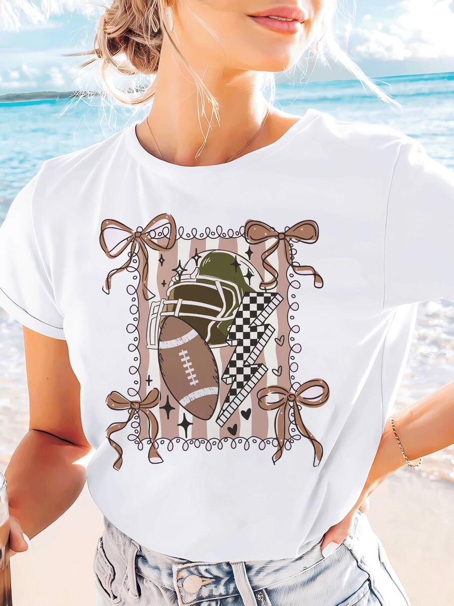 Camiseta Casual de Manga Corta con Estampado de Cheerleading Coquette, Cuello Redondo para Verano y Primavera, Ropa de Mujer