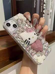SANRIO Funda de teléfono a prueba de golpes de TPU con decoración de cristales de Rhinestone y diseño de Hello Kitty 3D con corazón, compatible con iPhone 11/12/13/14/15/16/17/Pro Max, regalo de primavera - Plateado - Ver 3
