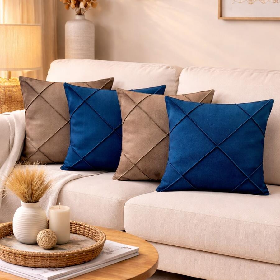Kit Of 4 Draped Suede Cushion Covers 45x45 With Invisible Zipper - 2 Navy + 2 Hazelnut - View 1