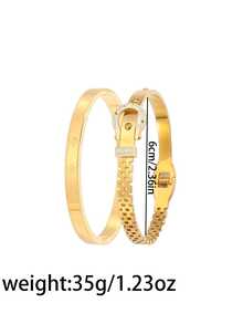 2 Peças Conjunto de Pulseiras Multifuncionais de Aço Inoxidável, Incluindo: Pulseira com Fivela de Cinto, Pulseira com Numerais Romanos, Pulseira de Duas Cabeças e Pulseira Entalhada. Acabamento Banhado a Ouro Realça sua Qualidade Premium. Um Presente Perfeito para o Dia dos Namorados. - dourado 1 - Visão 2