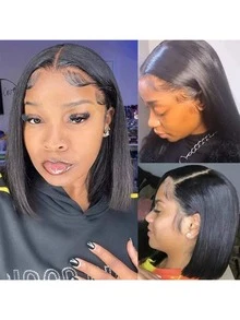 Peluca de cabello humano con encaje frontal recto de 13X6, peluca de cabello humano con encaje transparente HD de 13x4, densidad de 200%, con cabello bebé previamente desbastado, línea del cabello recta, estilo bob, color negro natural (24 pulgadas) - Natural y Negro - Ver 10
