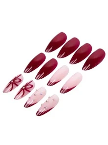 24pcs Medium Almond Shaped Full Cover False Nails - Vintage Elegant & Modern Minimalist, Classic New Year Burgundy With Romantic Valentine's Day Vibe, Decorated With Burgundy Satin Bow Tie, Starburst Pattern With Rhinestones, And Burgundy French Tips Nail Supplies - Burgundy - View 6