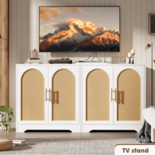 Aparador de ratán con 4 puertas, mesa consola moderna, mueble bar con acentos para sala de estar, cocina, pasillo, comedor y entrada. - Blanco - Ver 7