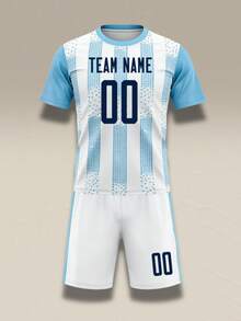 Custom Argentina Style Men's Soccer Jersey Set: Classic Sky Blue And White Striped Soccer Jersey, Customizable With Name, Number And Team Logo. Breathable Quick-Dry Training Uniform - White - View 4