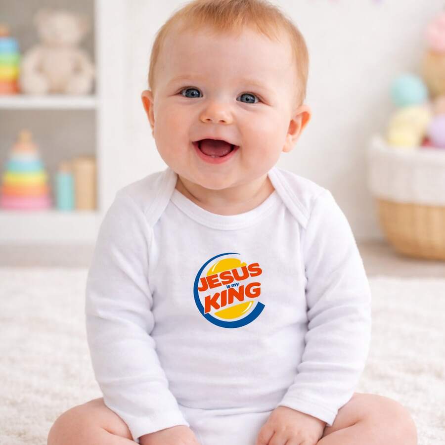 Body Bebe Jesus King Premium 100% Algodão Católico Manga Longa Evangélica - Branco - Visão 1