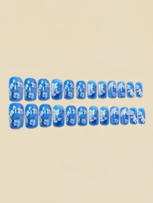 24 Pieces Of Nails Blue And White Flower Design Nails Press On Fake Nails Nails Supplies Art Y2k Nails - Blue and White - View 3