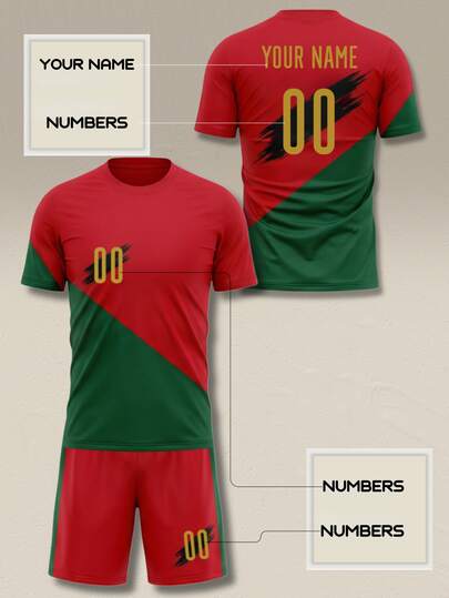 Customize Classic Men's Red Football Uniform Set, Comfortable And Breathable Short-Sleeved Sports Tops, With Personalized Printing Of Numbers And Names. Suitable For Outdoor Sports And Competitions, Casual Gatherings And As Gifts.