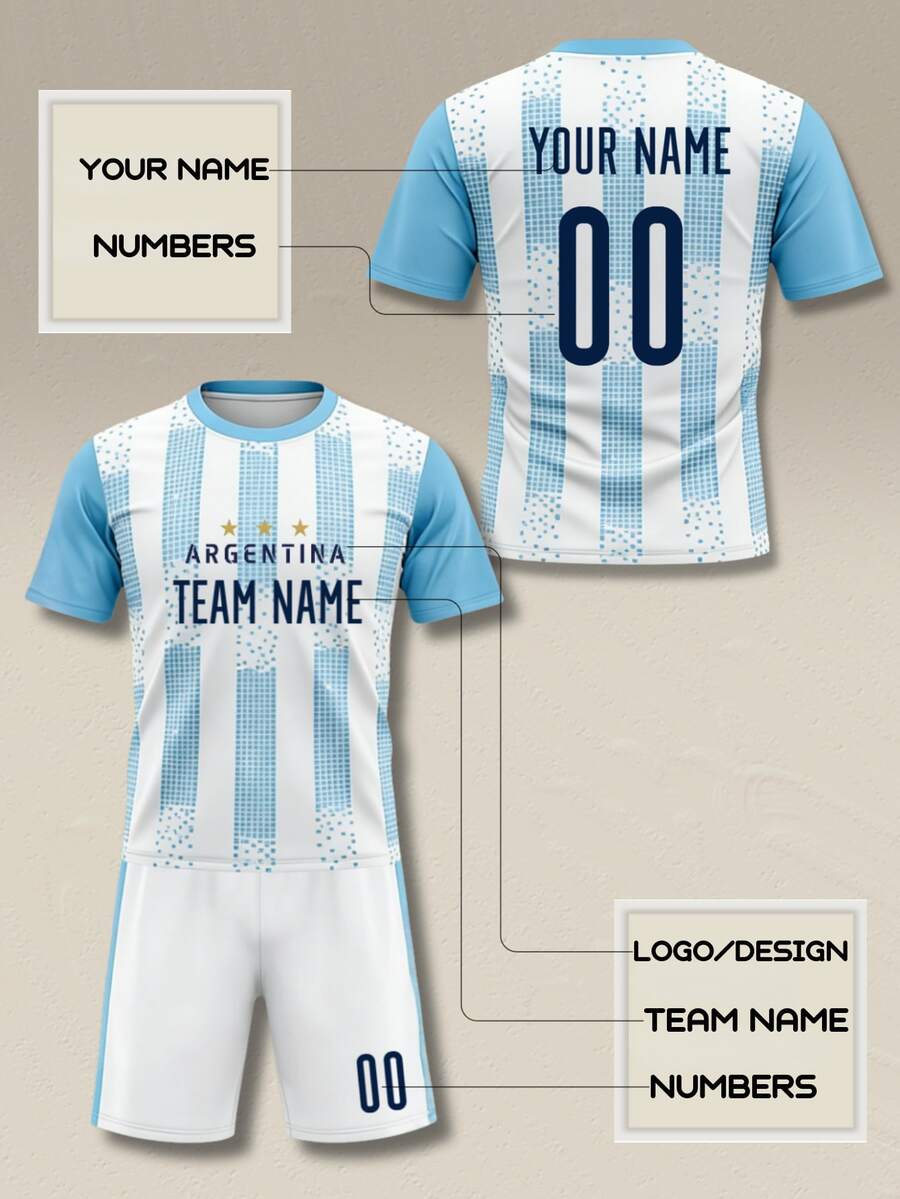 Custom Argentina Style Men's Soccer Jersey Set: Classic Sky Blue And White Striped Soccer Jersey, Customizable With Name, Number And Team Logo. Breathable Quick-Dry Training Uniform