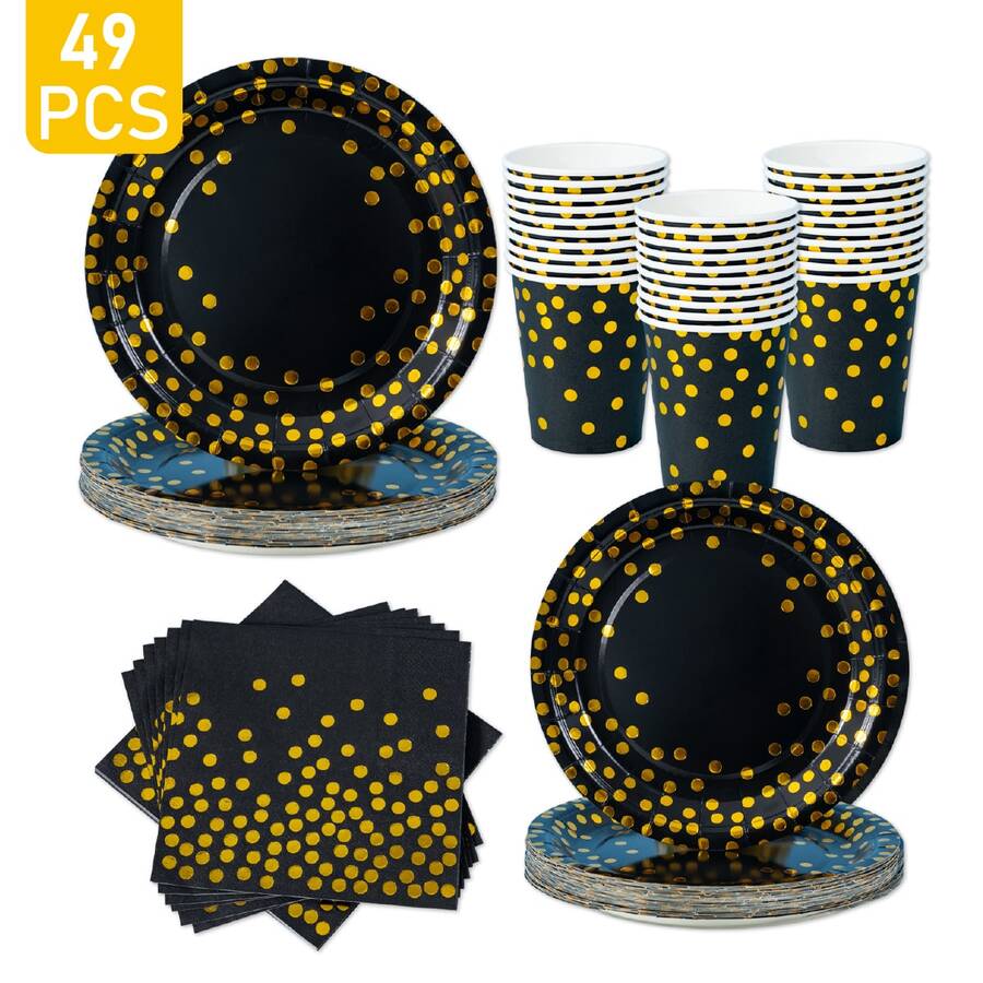 Black & Gold Polka Dot Disposable Plates, Napkins, Cups - 8 Guest Party Supplies Set, Suitable For Birthday, Wedding, Theme Party, Family Picnic - Multicolor - View 1