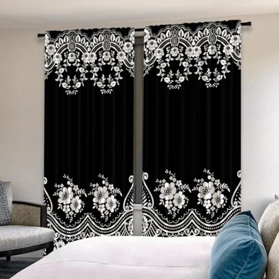 2片装优雅花卉图案窗帘，卧室、客厅、家居装饰装饰窗帘