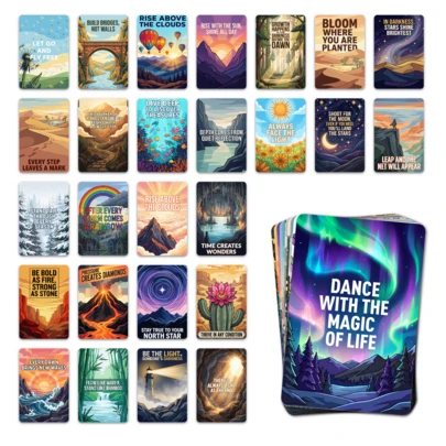 36张风景励志卡片套装，展现壮丽的山川、海洋和日落美景，配以振奋人心的励志语录，是日常冥想、正念练习、家居装饰或贴心礼品的理想之选。采用优质纸张和鲜艳防水印刷，带来平静而鼓舞人心的体验。