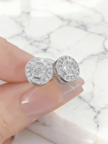 2只装男女通用圆形锆石耳钉，镀银，嘻哈音乐节派对情侣配饰，情人节女友礼物 - 銀色 - 查看 2