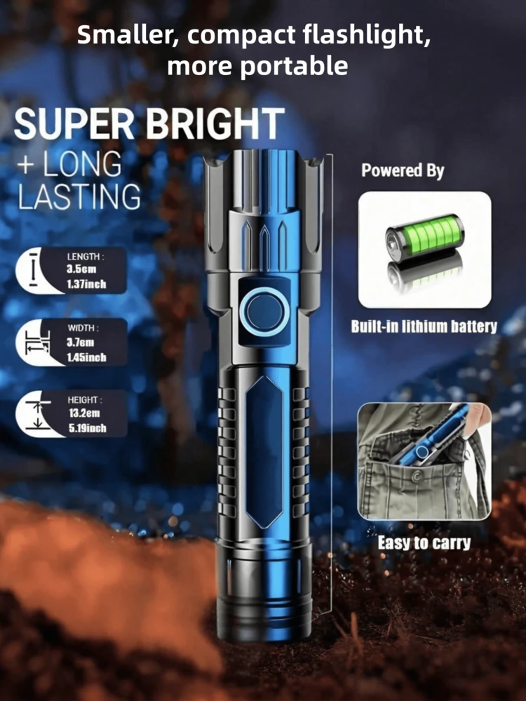 1/2 Pack Super Bright Rechargeable LED Flashlight, Compact Zoomable Handheld Torch For Outdoor Camping, Fishing, Hunting, Hiking, Adventure And Emergency, Built-In Battery - Multicolor - View 2
