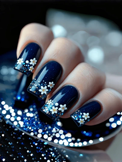 24 Pieces Of Nails Blue Flower Design For Nails Press On Fake Nails Nails Supplies Art Y2k Nails