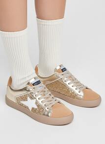 Zapatillas Mujer Estrella Purpurina – Sneakers Glitter Metalizadas Cómodas Casual Moda Diario - Camel - Ver 4