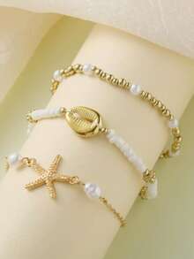 3pcs/Set Bohemian Ocean Style Starfish, Seashell & Pearl Beaded Elastic Anklet For Women - Starfish - View 2