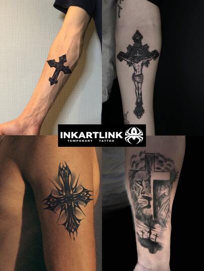 INKARTLINK 2 piezas Tatuajes temporales decorativos a prueba de agua de la serie de cruces negras, duraderos de 1 a 2 semanas, tatuajes a base de jugo de plantas aptos para hombres y mujeres, imprescindibles para personas y fiestas
