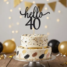 1个闪亮“Hello 40”生日蛋糕装饰插牌，优雅黑色闪光甜点装饰，适用于40周年纪念派对，美观的蛋糕装饰牌，可用作拍照道具 - 彩色 - 查看 1