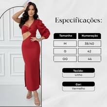 Vestido Longuete Linho Mula Manca Abertura Elegante - Vermelho - Visão 3