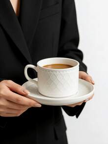 Conjunto de 1 xícara e pires com relevo em padrão de diamante branco simples, elegante louça francesa de alta qualidade para chá da tarde, xícaras e pires retrô em branco puro para leite e café, ideal para casa, restaurante, cafeteria, doceria e como presente. - Branco - Ver 6