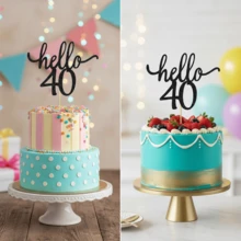 1个闪亮“Hello 40”生日蛋糕装饰插牌，优雅黑色闪光甜点装饰，适用于40周年纪念派对，美观的蛋糕装饰牌，可用作拍照道具 - 彩色 - 查看 5