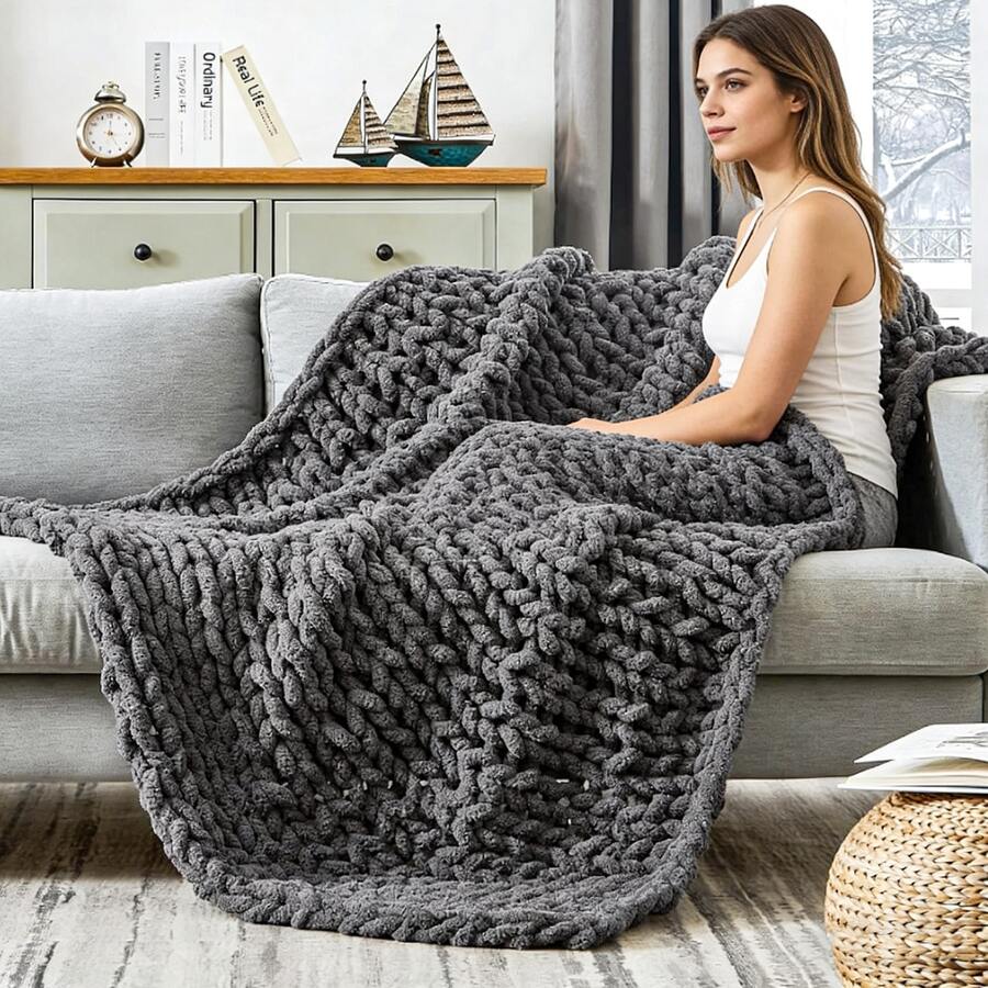 1Pc Large Thick  Chunky Knit Throw Blanket,50"X 60", Bulky Plush Cat Tail Yarn Blanket, 100% Handmade With Soft Chenille Yarn, Fluffy Soft Thumb Jumbo Yarn For Crocheting,4lbs Thick Knitted Blankets For Couch Sofa Bed Home Decor.(Dark Grey) - Dark grey01 - 查看 1