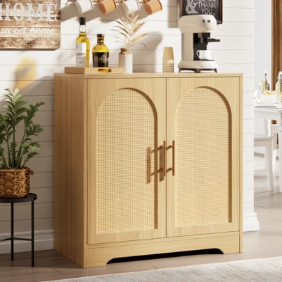 Aparador de ratán con 4 puertas, mesa consola moderna, mueble bar con acentos para sala de estar, cocina, pasillo, comedor y entrada.