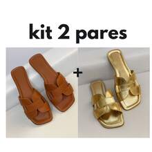 Two-Pair Set Of Stylish, Modern Women's Flat Sandals. - Caramel/gold - View 6