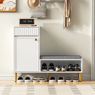 Modern Shoe Bench With Shoe Storage, Seat With Three Storage Doors, Asymmetrical Metal Handles And Multiple Storage Levels - Dimensions: W100/D34/H69 Cm