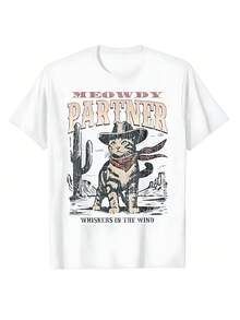 Ropa Deportiva   Meowdy Partner Cowboy Cat Vintage T-Shirt Humor Funny Westerns Kitty Lover Graphic Tee Short Sleeve Kitten Clothes Novelty Gifts - 白色 - 查看 1