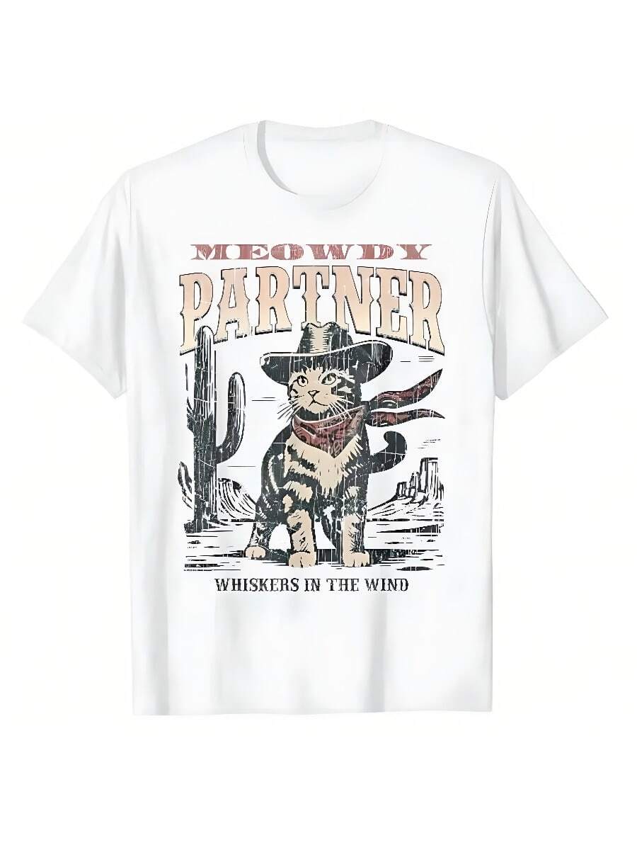 Ropa Deportiva Meowdy Partner Cowboy Cat Vintage T-Shirt Humor Funny Westerns Kitty Lover Graphic Tee Short Sleeve Kitten Clothes Novelty Gifts - 白色 - 查看 1
