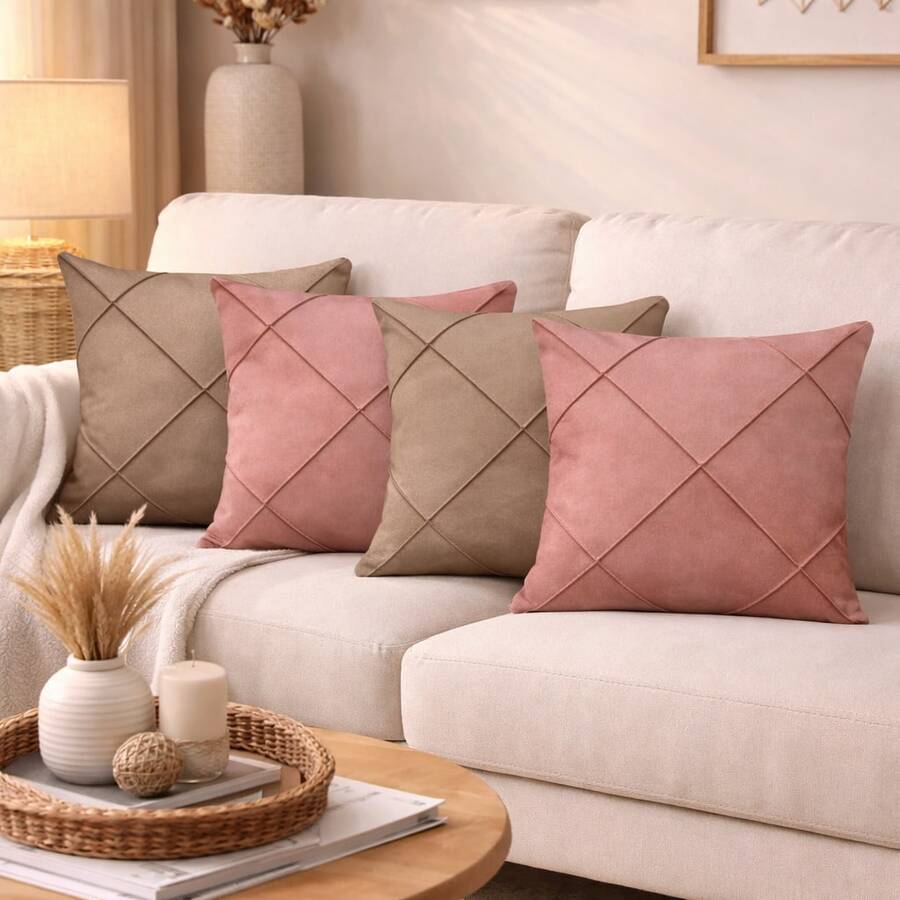 Kit Of 4 Draped Suede Cushion Covers 45x45 With Invisible Zipper - 2 Hazelnut + 2 Rose. - View 1