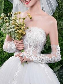 1 Pair Multifunctional Lace White Bridal Gloves, New Lace Gloves, Wedding Dress Gloves, Bridal Wedding Pearl Tulle Long White Banquet Accessory Gloves, Suitable For All Seasons,Summer,Beach,Festival,Birthday - Multicolor - View 2