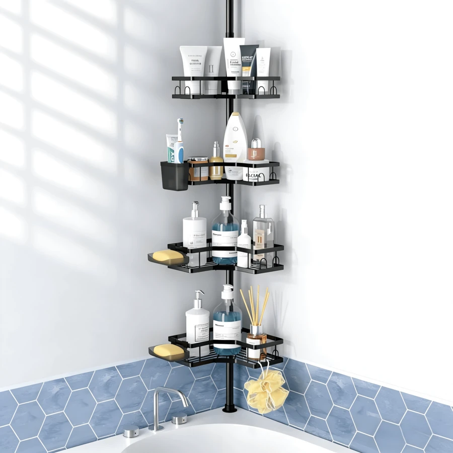 Verstellbares 4-stufiges Teleskop-Duschregal, Eckduschablage, platzsparender Organizer