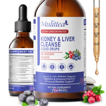 Mulittea Kidney & Liver Wellness Liquid Drops 27 In 1 Ultra Concentrated Formula Supports Urinary Tract & Immune Health Fast Absorption Plant Based Blueberry Flavor 2 Fl Oz 60mL