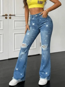 女士优雅高腰闪亮水钻牛仔裤，时尚破洞喇叭牛仔裤，毛边裤脚，适合夜间外出的牛仔凉鞋，精致的Y2K美学做旧牛仔裤 - 中等水洗藍 - 查看 4