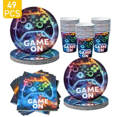 1 Set Disposable Party Supplies Including Flame Game Themed Plates, Napkins, Cups, Suitable For 8 Guests, Ideal For Birthday, Wedding, Theme Party, Family Picnic